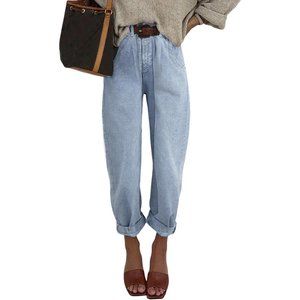 Women High Waisted Wide Leg Boyfriend Harem Cropped Pants Denim Jeans-Sky Blue